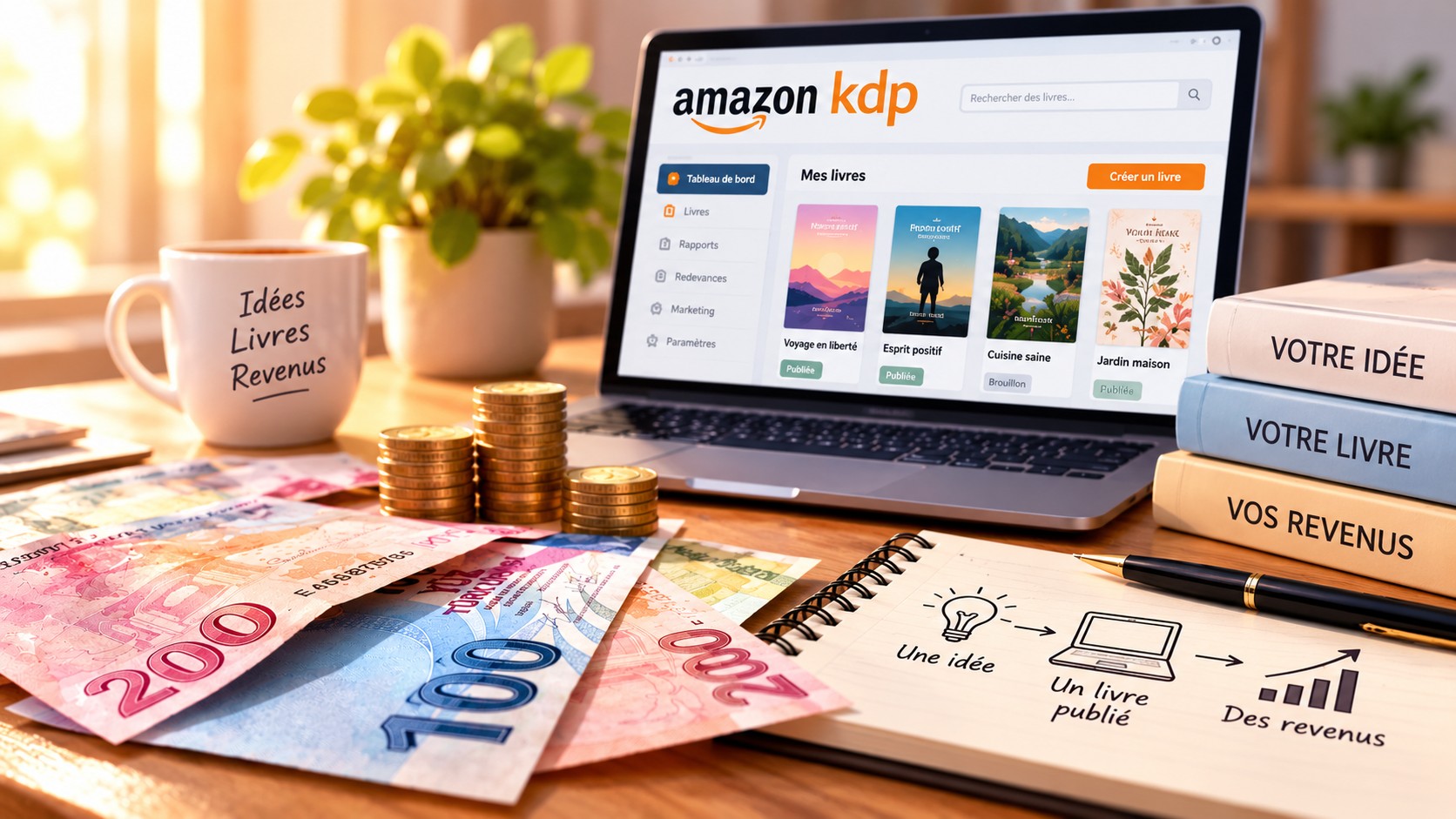 Auteur travaillant sur son ordinateur portable et préparant la publication de ses livres sur Amazon KDP
